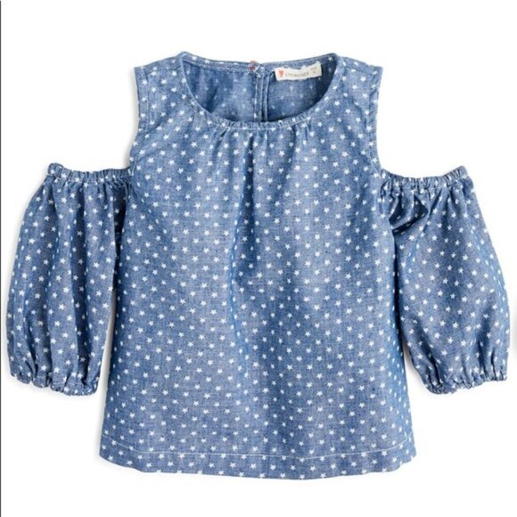 Crewcuts by J.Crew Girls' Peekaboo-Shoulder Top in Chambray Stars - Picture 1 of 14